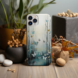 Funda Para iPhone 13 Pro Max Acuarela, mariposas blancas en bosque azul