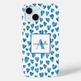 Funda Para iPhone 15 Acuarela Monograma Corazón Azul