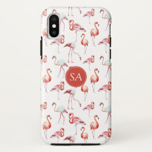 Funda Para iPhone X Acuarela Monogramada Flamingo Rosa Tropical