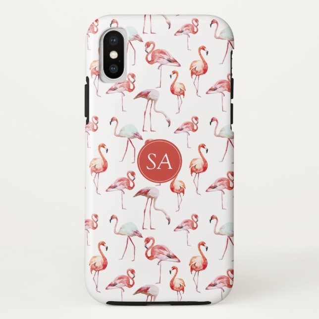 Funda De Case-Mate Para iPhone Acuarela Monogramada Flamingo Rosa Tropical (Reverso)