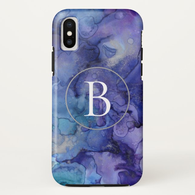 Funda De Case-Mate Para iPhone Acuarela Morado Monograma Mármol iPhone X Funda (Reverso)