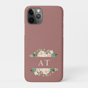 Funda Para iPhone 11 Pro Acuarela Rubor Flores Oscuras Monograma de Engrana