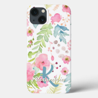 Funda Para iPhone 13 Acuarela Rubor Flores rosas Nombre de monograma de