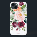 Funda Para iPhone 13 Acuarela rústica Botánica con Monograma<br><div class="desc">Bellamente feminista con encanto rústico, este diseño botánico cuenta con un ramo de rosas acuáticas, flores mixtas y vegetación en un moderno esquema de color burdeos, rosa y russet naranja con vegetación. Se incluye una plantilla de texto para personalizar este diseño con sus iniciales, nombres u otro texto deseado en...</div>