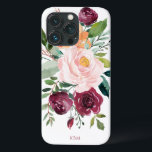 Funda Para iPhone 13 Pro Acuarela rústica Botánica con Monograma<br><div class="desc">Bellamente feminista con encanto rústico, este diseño botánico cuenta con un ramo de rosas acuáticas, flores mixtas y vegetación en un moderno esquema de color burdeos, rosa y russet naranja con vegetación. Se incluye una plantilla de texto para personalizar este diseño con sus iniciales, nombres u otro texto deseado en...</div>
