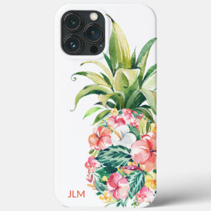 Funda Para iPhone 13 Pro Max Acuarela tropical Pineapple floral con inicial