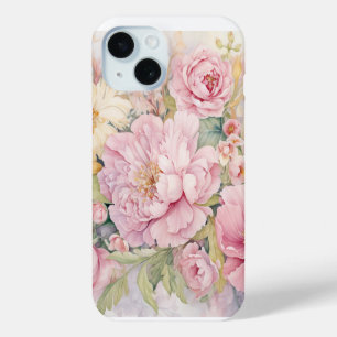 Funda Para iPhone 15 Acuarelas de hermosas peonías rosadas