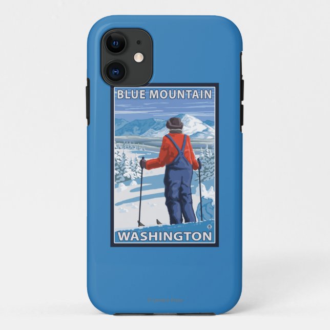 Funda De Case-Mate Para iPhone Admiración del esquiador - montaña azul, (Reverso)