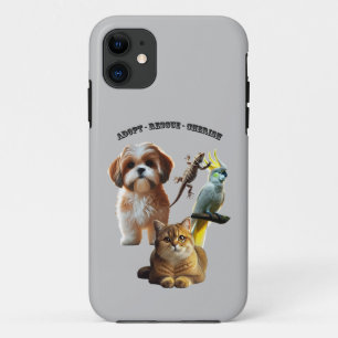 Funda Para iPhone 11 Adopción mascota con perro, gato, pájaro y lagarti