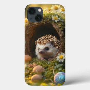 Funda Para iPhone 13 Adorable erizo en Mossy Log Home con flores