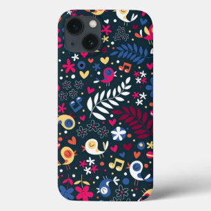 Funda Para iPhone 13 adorable patrón de pájaros y flores