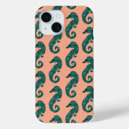 Funda Para iPhone 15 Adorable patrón náutico de caballito de mar en azu