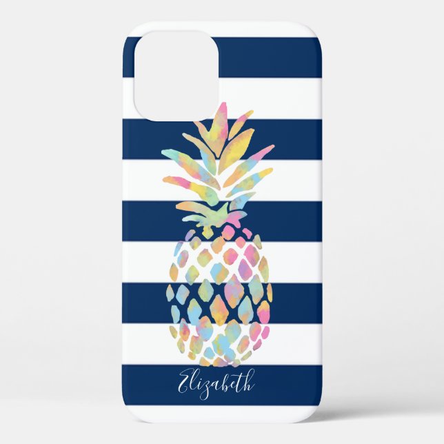 Funda De Case-Mate Para iPhone Adorable piña, azul marino a rayas personalizadas (Reverso )