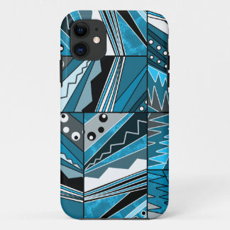 Funda Para iPhone 11 Adorno étnico monocromo azul.