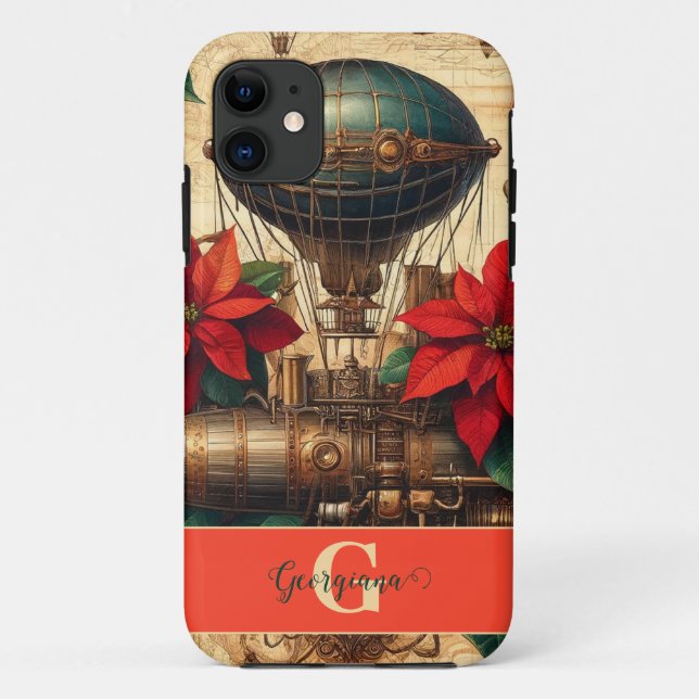 Funda De Case-Mate Para iPhone Aeronave personalizada Steampunk con Poinsettia (Reverso)