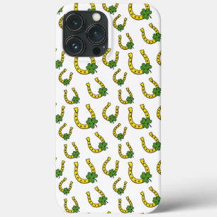 Funda Para iPhone 13 Pro Max Afortunada Herradura Dorada con Shamrock on White