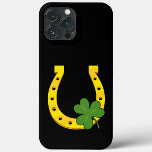 Funda Para iPhone 13 Pro Max Afortunado Horseheno de Oro con Shamrock en negro