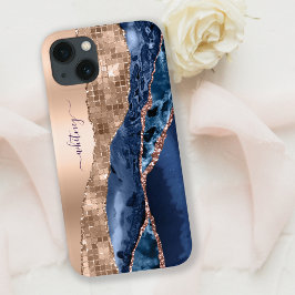 Funda Para iPhone 13 Agante de mármol Purpurina de oro azul índigo y Ro