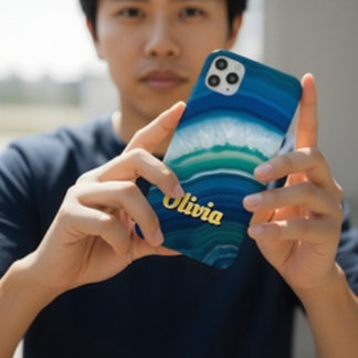 Funda Para iPhone 11 Ágata Azul y Geoda Teal de Lujo Personalizada