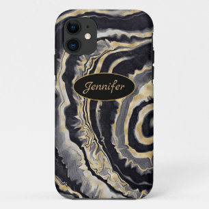 Funda Para iPhone 11 Ágata Moderna Negra y Cristal Dorado Personalizabl