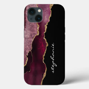 Funda Para iPhone 13 Ágata Personalizada de Acuarela Dorada de Borgoña