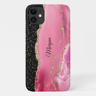 Funda Para iPhone 11 Ágata Rosa y Oro, Estrellas Doradas y Nombre con L