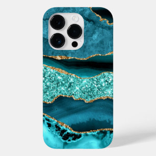 Funda Para iPhone 14 Pro De Case-Mate Ágata Turquesa Azul Oro Mármol Brillante Aguamarin