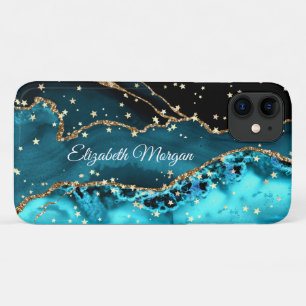 Funda Para iPhone 11 Ágata verde azulado, negra y dorada, estrellas dor