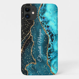 Funda Para iPhone 11 Ágata verde azulado, negra y dorada, estrellas dor