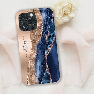 Funda Para iPhone 13 Pro Agate azul índigo moderno y hoja de confetti de or