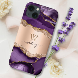 Funda Para iPhone 13 Agate de mármol morado y Purpurina de oro Rosa