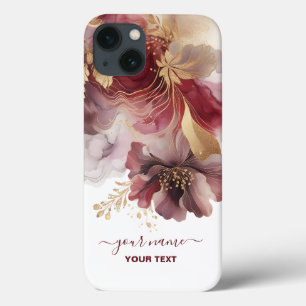 Funda Para iPhone 13 Agate floral Purpurina de Borgoña y Oro