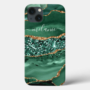Funda Para iPhone 13 Agate Green Gold Purpurina Geode Marble Tu Nombre