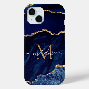 Funda Para iPhone 15 Agate Navy Blue Gold Tu Nombre Letra Estuche para 