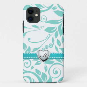 Funda Para iPhone 11 Aguamarina azul y modelo blanco del damasco con el