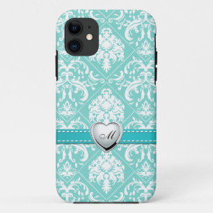 Funda Para iPhone 11 Aguamarina azul y modelo blanco del damasco con el