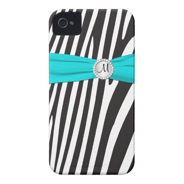 Funda De Case-Mate Para iPhone Aguamarina con monograma, negro, cebra blanca (Atrás)