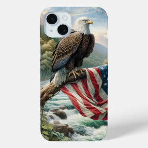 Funda Para iPhone 15 Mini Águila Calva Con Bandera Estadounidense En Rama De