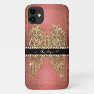 Funda Para iPhone 11 Alas Ángel de Oro Relieve metalizado rosa brillan