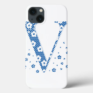 Funda Para iPhone 13 alfabeto floral V (azul y puntos)