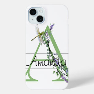 Funda Para iPhone 15 Mini Alfabeto monograma A Lavanda Eucalyptus Dragonfly