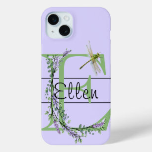 Funda Para iPhone 15 Mini Alfabeto monograma E Lavanda Eucalyptus Dragonfly