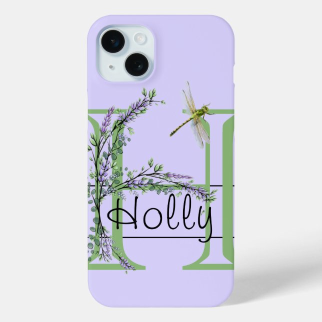 Funda De Case-Mate Para iPhone Alfabeto monograma H Lavanda Eucalyptus Dragonfly (Reverso )