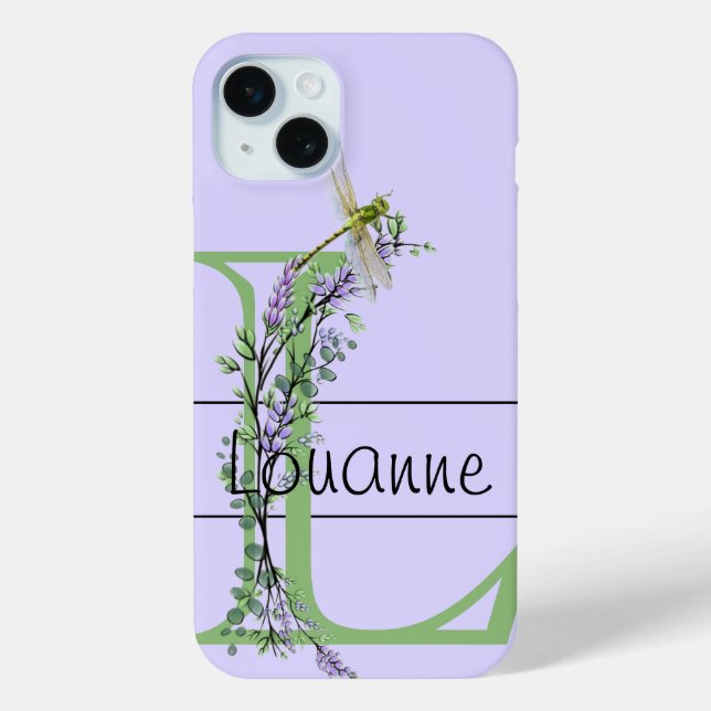 Funda De Case-Mate Para iPhone Alfabeto monograma L Lavender Eucalyptus Dragonfly (Reverso )
