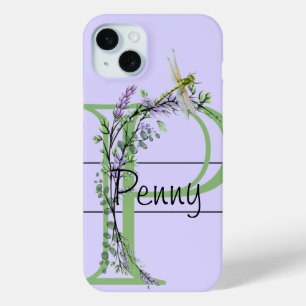 Funda Para iPhone 15 Mini Alfabeto monograma P Lavanda Eucalyptus Dragonfly
