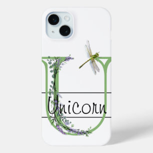 Funda Para iPhone 15 Mini Alfabeto monograma U Lavanda Eucalyptus Dragonfly