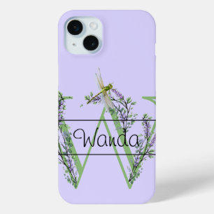 Funda Para iPhone 15 Mini Alfabeto monograma W Lavender Eucalyptus Dragonfly