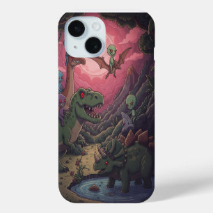Funda Para iPhone 15 Alienígenas y Dinosaurios Bajo Cielos Carmesí
