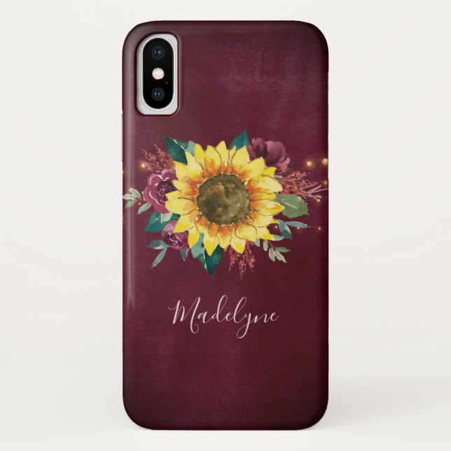 Funda De Case-Mate Para iPhone Alumbrado de girasol Borgoña Floral (Reverso)