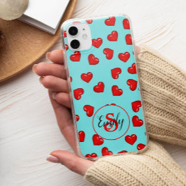 Funda Para iPhone 13 Pro Max amantes Patrón de corazón rojo en Monograma del Pe